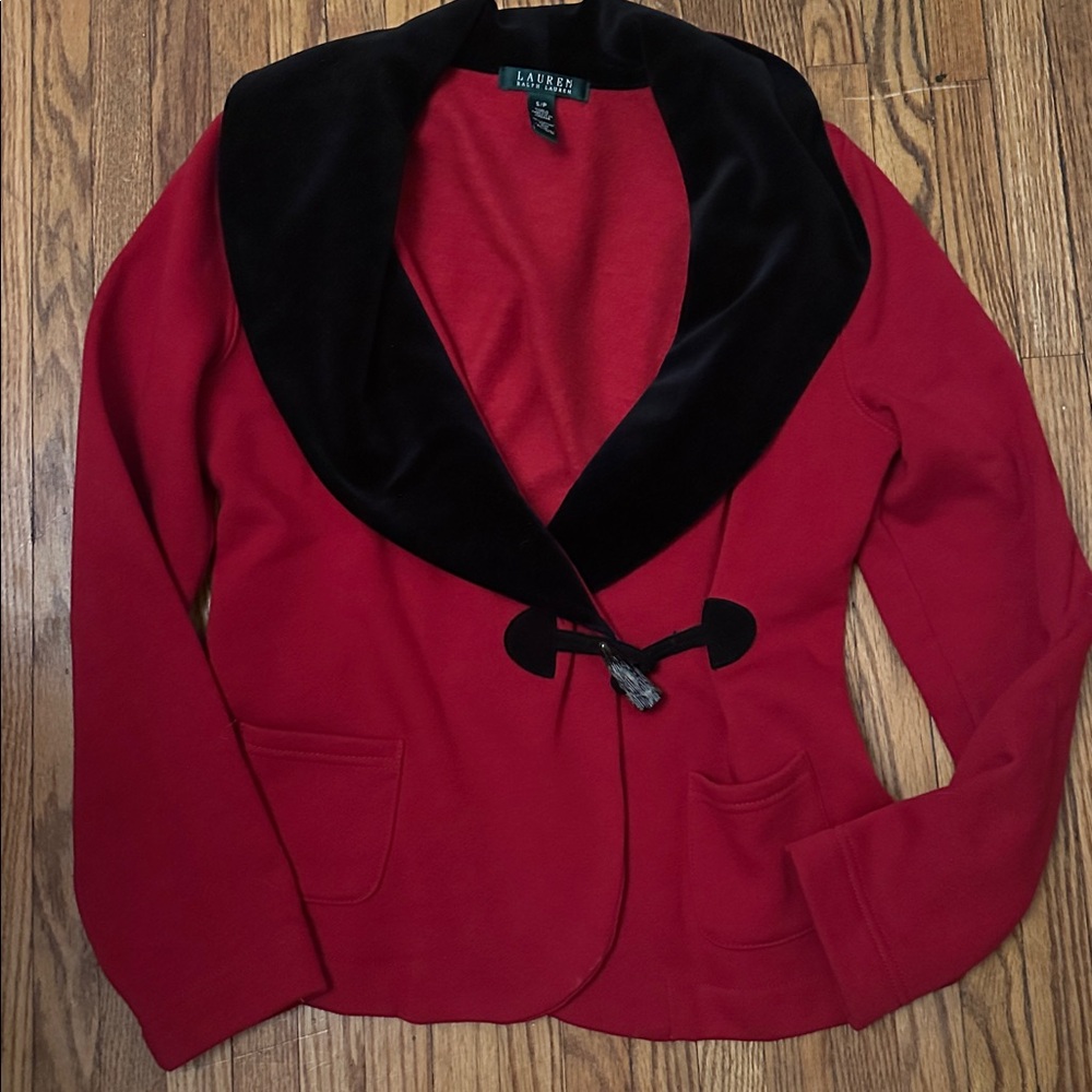 Ralph Lauren Jacket Womens S Red Black Velvet Shawl Collar Blazer Toggle Pockets